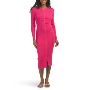 Elie Tahari womens Fitted Midi Sweater Dress size XS Haute Pink Ruched